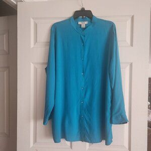 NEXX women's Blouse 100 % Silk, blue /turquoise color size 2X button up
